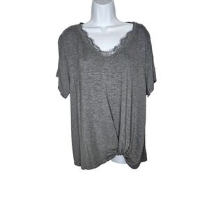 EVRI Gray V Neck Twist Hem Top Plus Size 2X Short Sleeve Stretch Lace Minimalist